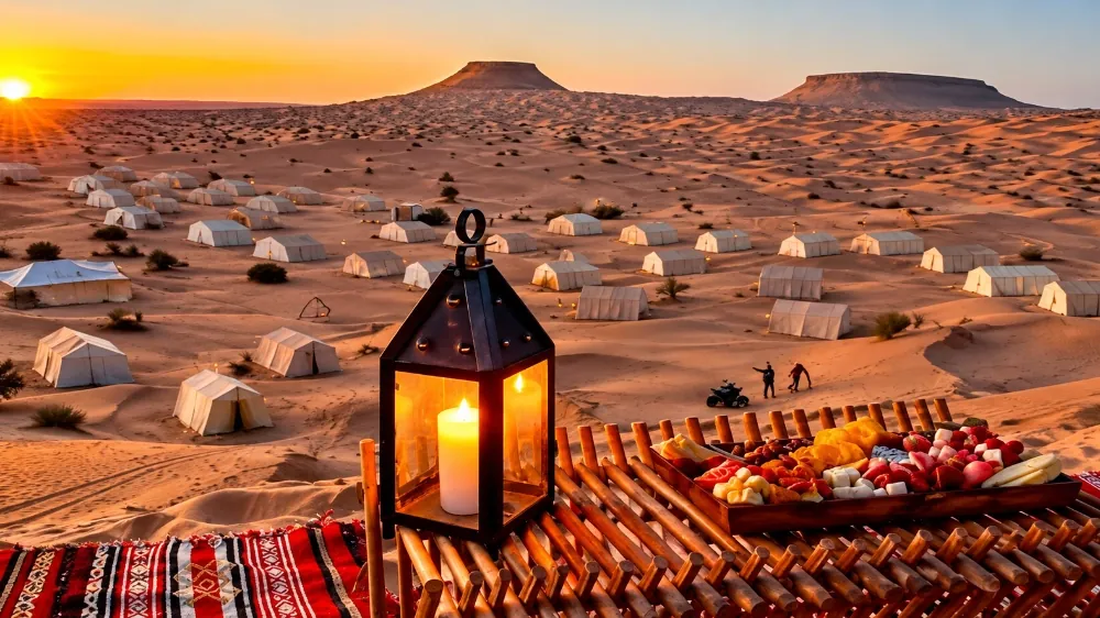 Campement de tentes blanches dans les dunes au coucher du soleil, au sud de Douz