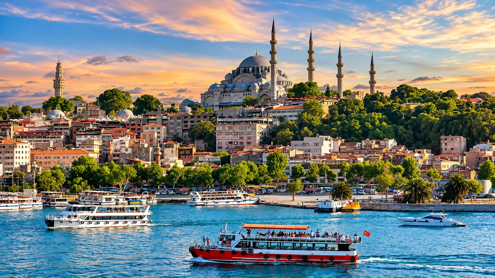 Istanbul : mosquée et Bosphore au coucher du soleil