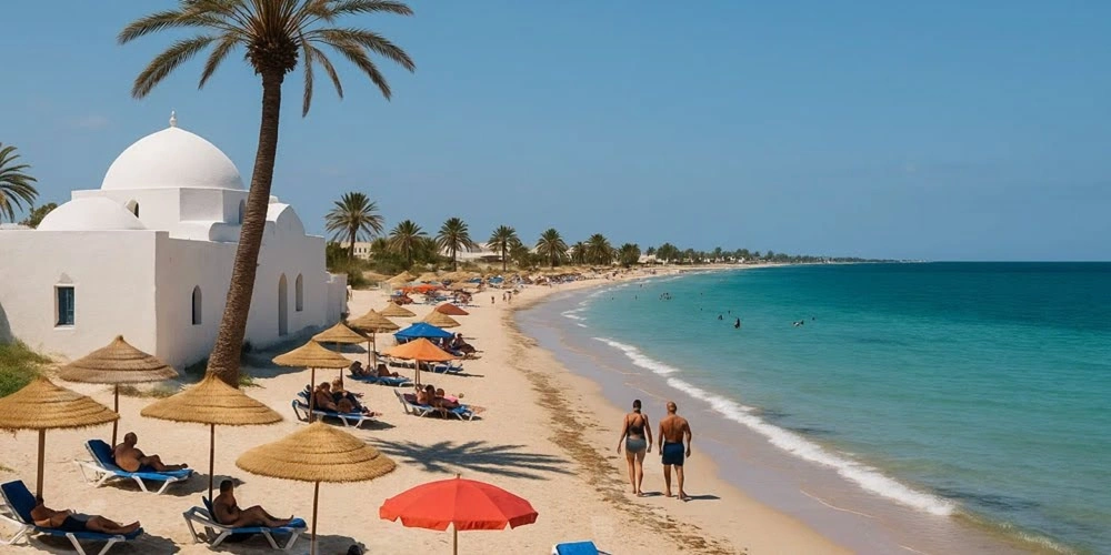 Plage de Djerba avec un bâtiment traditionnel